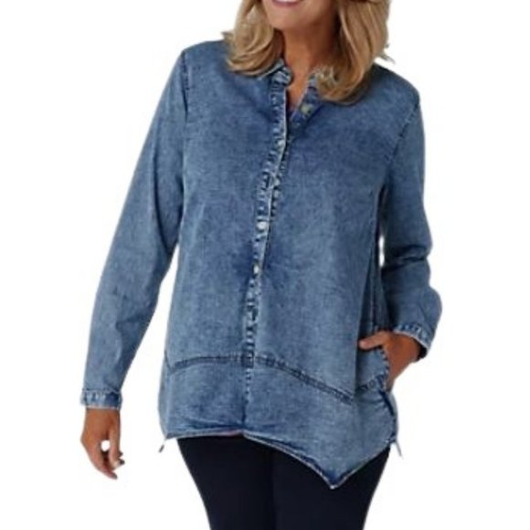 LOGO by Lori Goldstein Tops - LOGO Handkerchief Hem Lightweight Denim Shirt 8080